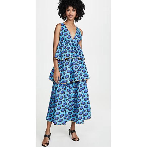 Rhode Leela Tiered Abstract Print Cotton Midi Dress in Blue Ikat Size Medium - Picture 2 of 10